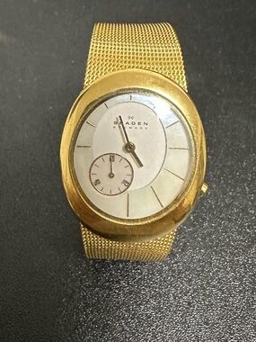 Skagen Gold Tone Mesh Strap With White Mother of Pearl Dial Watch